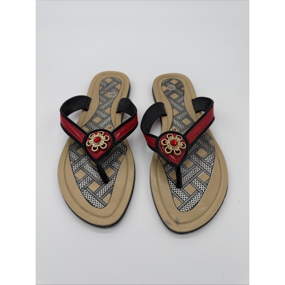 Women's‎ Flip Flops Striped Pattern Red & Black Bejeweled Detail Size 10
